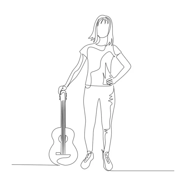 Mujer de pie de una línea continua con una guitarra. Ilustración vectorial . — Archivo Imágenes Vectoriales