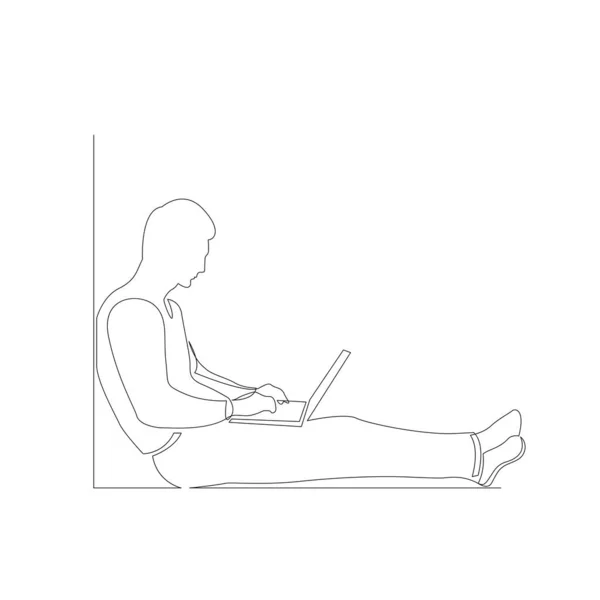 Безперервний чоловік з ноутбуком, що сидить на підлозі, спираючись на стіну. Векторні ілюстрації . — стоковий вектор