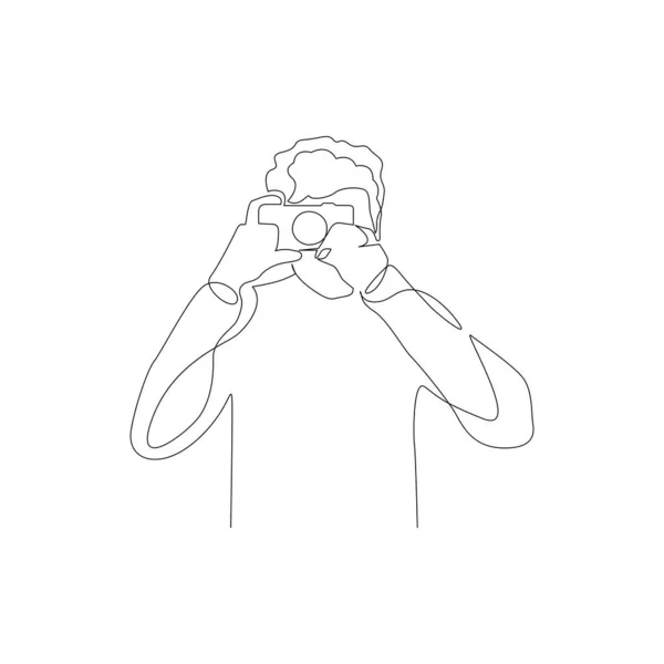 Un homme d'une ligne continue prend des photos à la caméra. Vue de face. Illustration vectorielle . — Image vectorielle