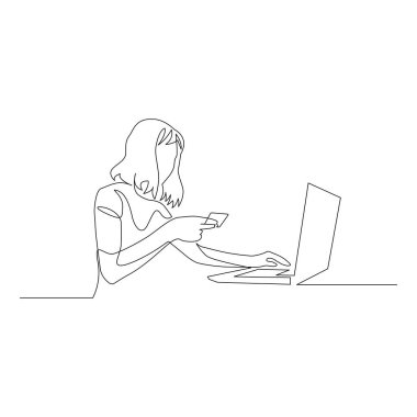 Devamlı tek hatlı kadın kredi kartı bilgilerini dizüstü bilgisayarla giriyor. Vektör illüstrasyonu.