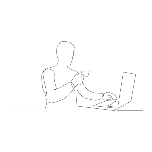 Contínuo um homem linha entra detalhes do cartão de crédito usando laptop. Ilustração vetorial . — Vetor de Stock