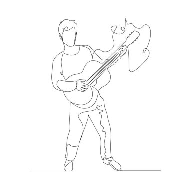 Sürekli gitar çalan ve müziğin ritmine göre hareket eden bir adam. Vektör illüstrasyonu.