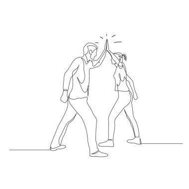 Aralıksız bir çizgi halinde, erkek ve kadın beş çizgi çiziyor. Takım çalışması konsepti. Vektör illüstrasyonu.