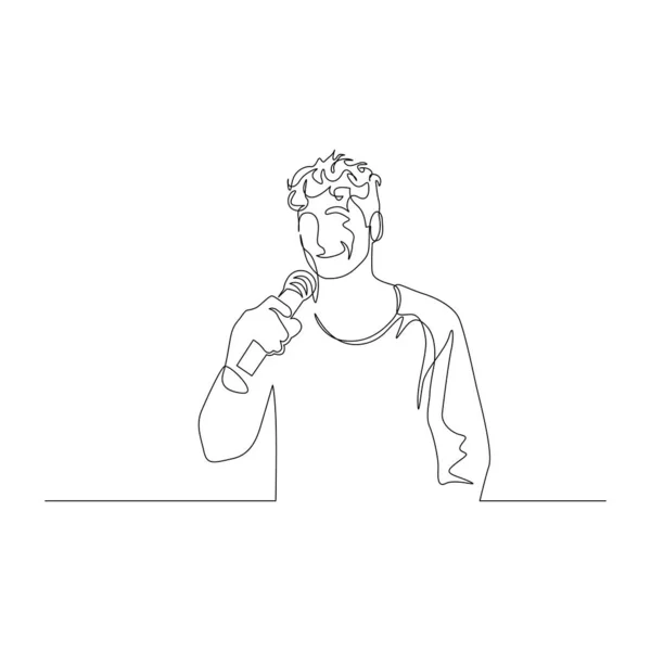 Un homme de ligne continu avec un microphone à la main parle. Illustration vectorielle . — Image vectorielle