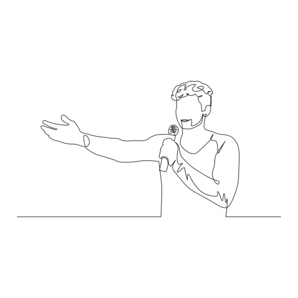Contínuo um homem de linha com um microfone na mão falar e gestos com a mão. Ilustração vetorial . — Vetor de Stock