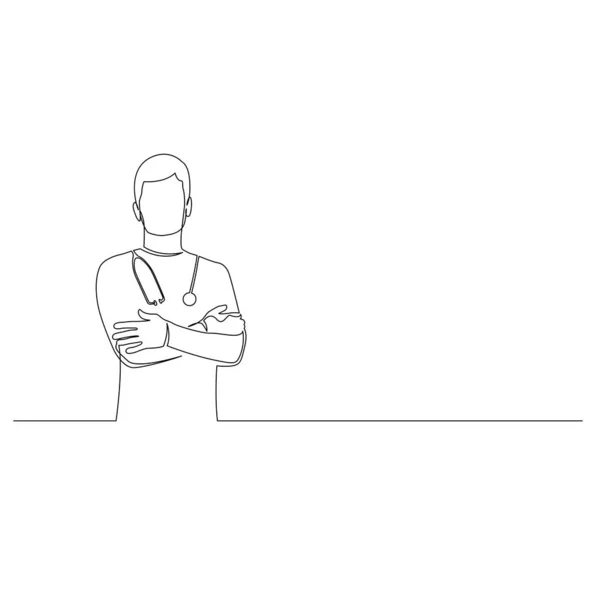 Безперервний один лінійний лікар з фонендоскопом стоїть зі схрещеними руками. Векторні ілюстрації . — стоковий вектор