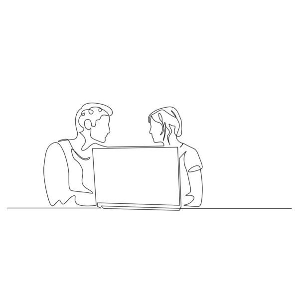 Nepřetržitý muž a žena sedí před laptopem a o něčem diskutují. Pracovní nebo pracovní schůzka. Vektor. — Stockový vektor