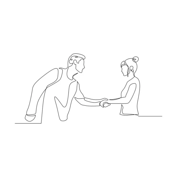 Continuous one line man shake hands with a woman. Vector illustration. — Stock Vector