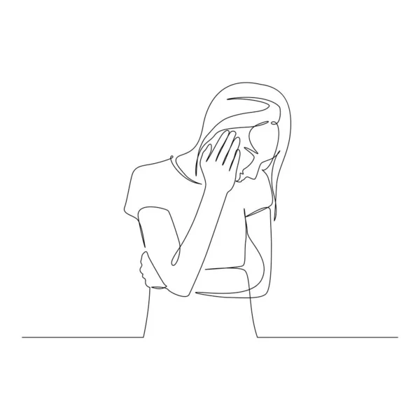Kontinuerlig en linje kvinna vilar huvudet med handen. Gloom och tristess. Vektorillustration. — Stock vektor