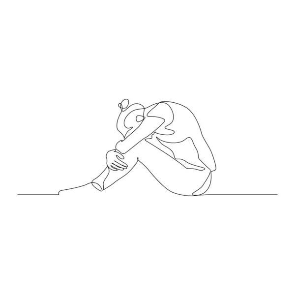 Continuous one line woman sitting on the floor with her head omitted and hugging her knees with her hands. Vector illustration. — Stock Vector