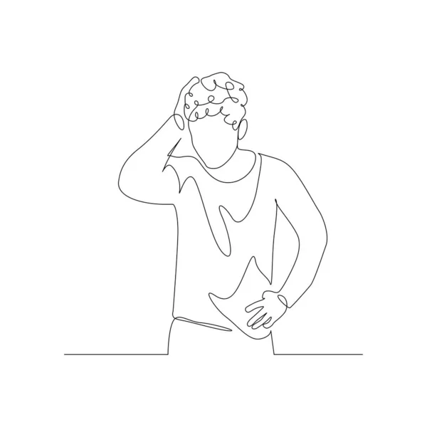 Continuous one line man squeezes head hair with hand. Stress and Depression. Vector illustration. — Stock Vector