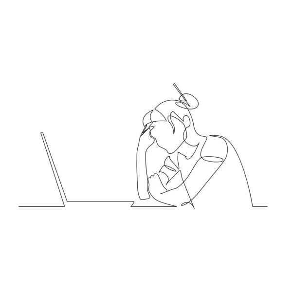 Mujer de una línea continua sentada frente a la computadora portátil apoyando su cabeza con su mano. Ilustración vectorial . — Archivo Imágenes Vectoriales