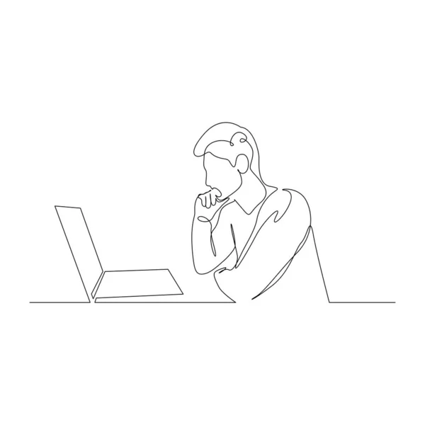 Contínuo um homem de linha sentado pensativo na frente de um laptop. Ilustração vetorial . — Vetor de Stock