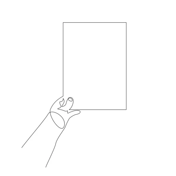 Una mano continua de una línea sostiene el espacio de copia en blanco de la hoja. Vector . — Archivo Imágenes Vectoriales