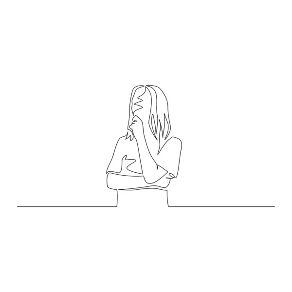Kontinuerlig en linje kvinna tänka på något hålla hennes hand mot hennes haka. Vektorillustration. — Stock vektor