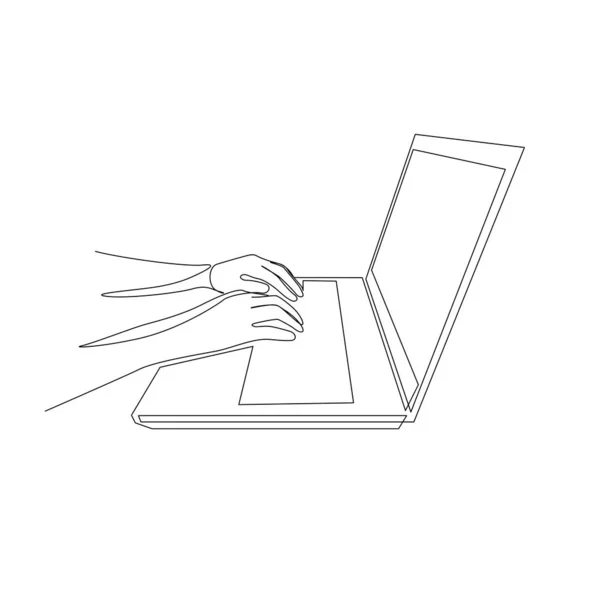 Ciągłe, jednoliniowe ręce wpisują na laptopie. Widok z bliska. Ilustracja wektora. — Wektor stockowy