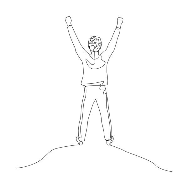 Kontinuerlig en linje man med armarna upp högt. Att uppnå ett mål, seger, framgång. Vektorillustration. — Stock vektor