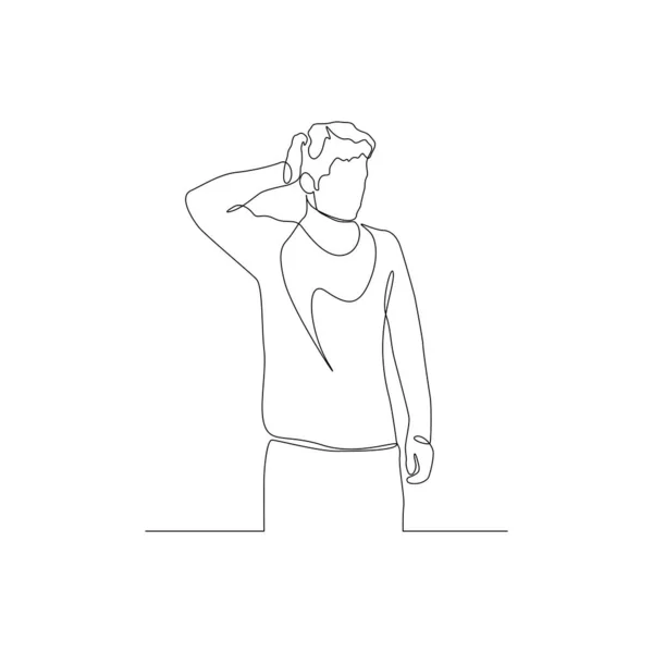Un homme d'une ligne continue tient l'arrière de sa tête avec sa main. Une situation difficile. Illustration vectorielle . — Image vectorielle