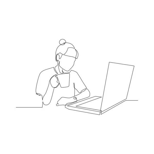 Continuous one line woman with a drink in a mug in front of a laptop. Vector illustration. — Stock Vector