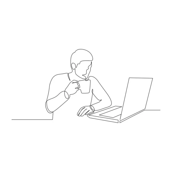 Dizüstü bilgisayarın önünde kadehte içki içen bir adam. Vektör illüstrasyonu.