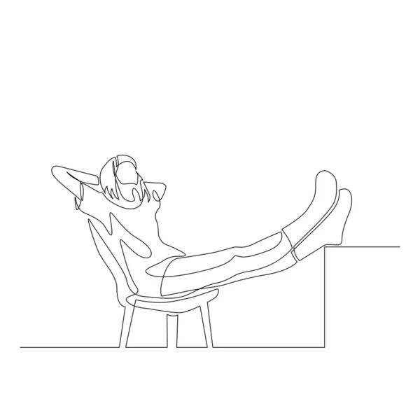 Continuous one line woman leaned back in her chair with her hands behind her head and legs raised on the table. Rest, freedom of action, freelance. Vector illustration. — Stock Vector