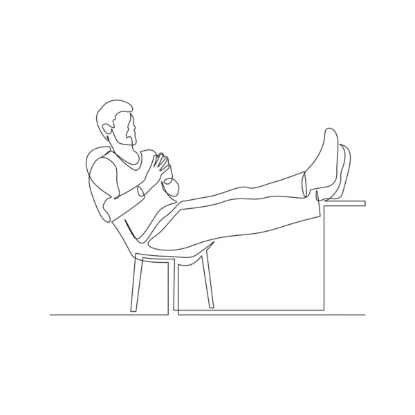 Безперервний чоловік сидить на кріслі, піднімаючи ноги на стіл, малюючи щось. Планування змови. Векторні ілюстрації . — стоковий вектор