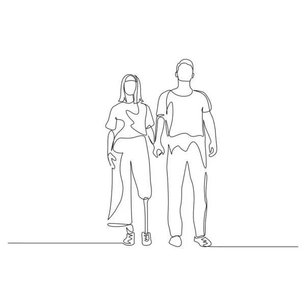 Continuous one line man and woman hold hands, a woman has a prosthetic leg. Disabled people. Vector illustration. — Stock Vector