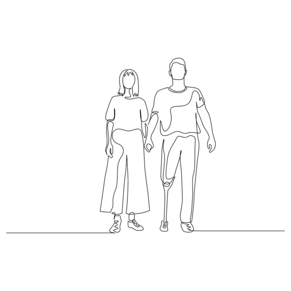 Continuous one line man and woman hold hands, a man has a prosthetic leg. Disabled people. Vector illustration. — Stock Vector
