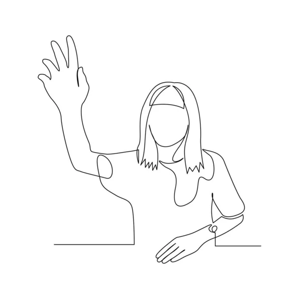 Una línea continua mujer tire de su mano hacia arriba, quiere responder a una pregunta. Vector . — Archivo Imágenes Vectoriales