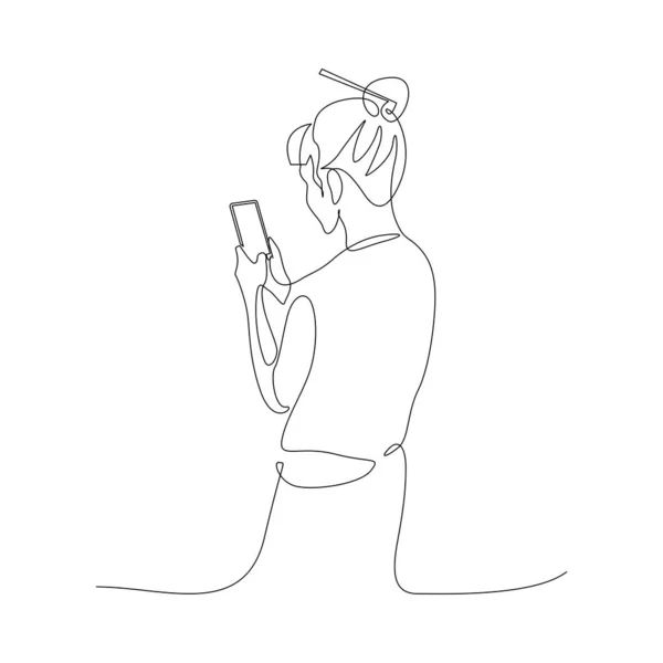 Mujer de una línea continua charlando con un teléfono inteligente, pasando tiempo en un teléfono inteligente. Vista trasera de una mujer con el pelo agrupado. Ilustración general . — Archivo Imágenes Vectoriales