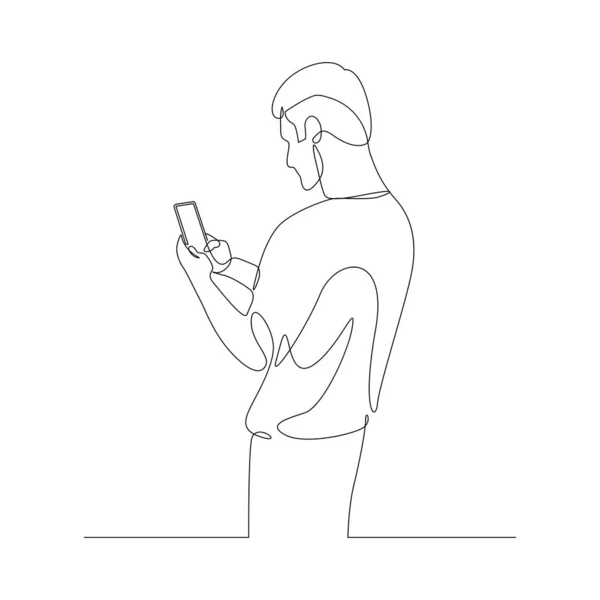 Continuo un uomo linea di chiacchierare con uno smartphone, trascorrere del tempo in uno smartphone. Vista posteriore. Illustrazione delle scorte . — Vettoriale Stock