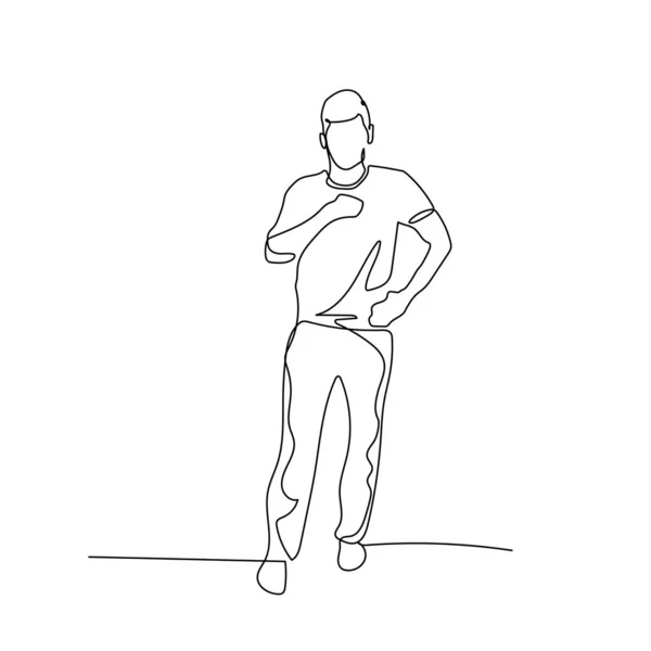 Un homme d'une ligne continue se tient debout et explique. Illustration de stock . — Image vectorielle