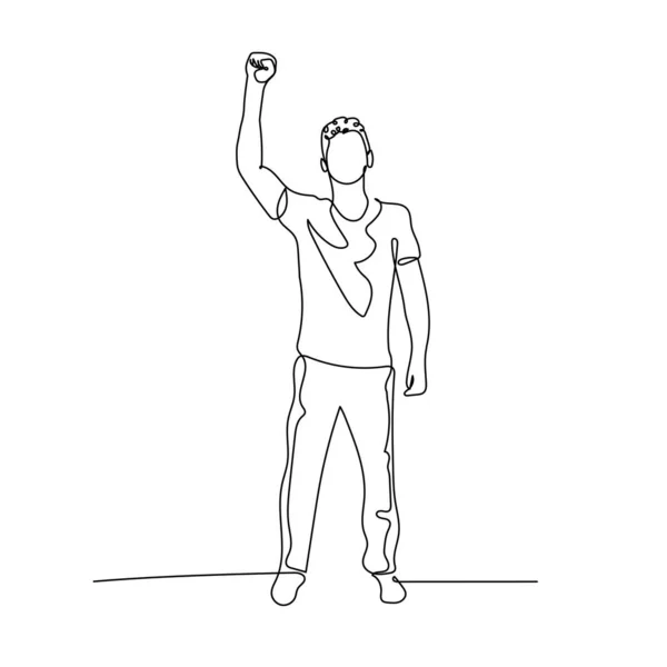 Continuous one line man with raised up clenched fist. Stock illustration. — Stock Vector