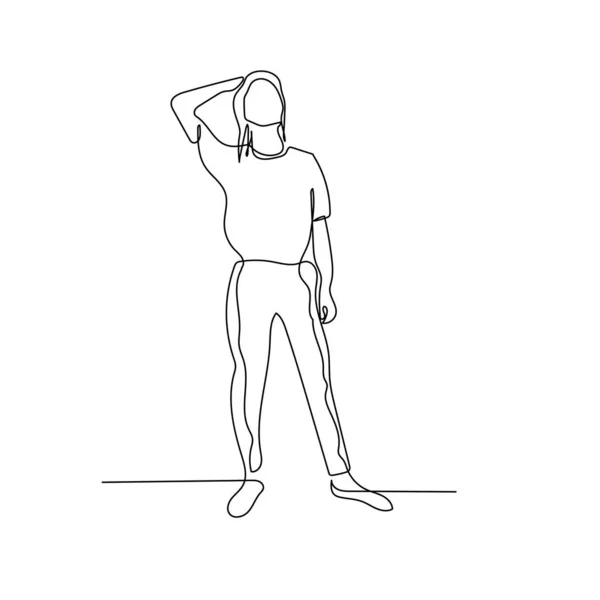 Continu une ligne femme tenir la main derrière la tête. Illustration vectorielle . — Image vectorielle