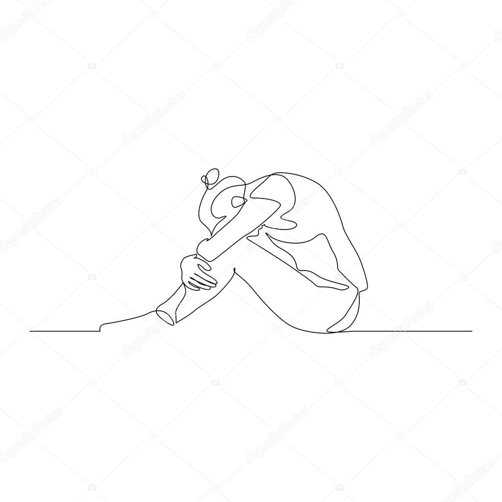 Continuous one line woman sitting on the floor with her head omitted and hugging her knees with her hands. Vector illustration.