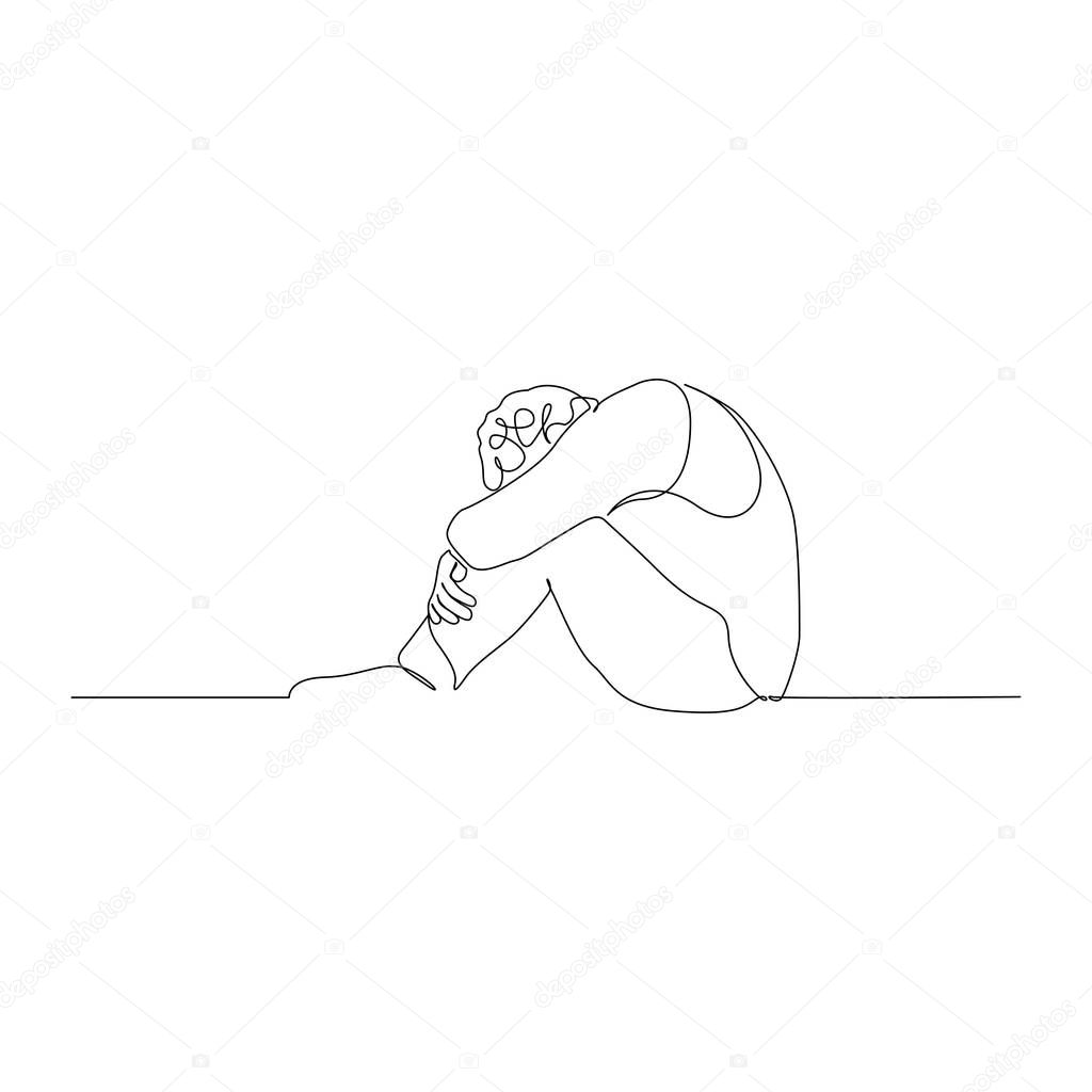 Continuous one line man sitting on the floor with her head bowed and hugging her knees with her hands. Vector illustration.
