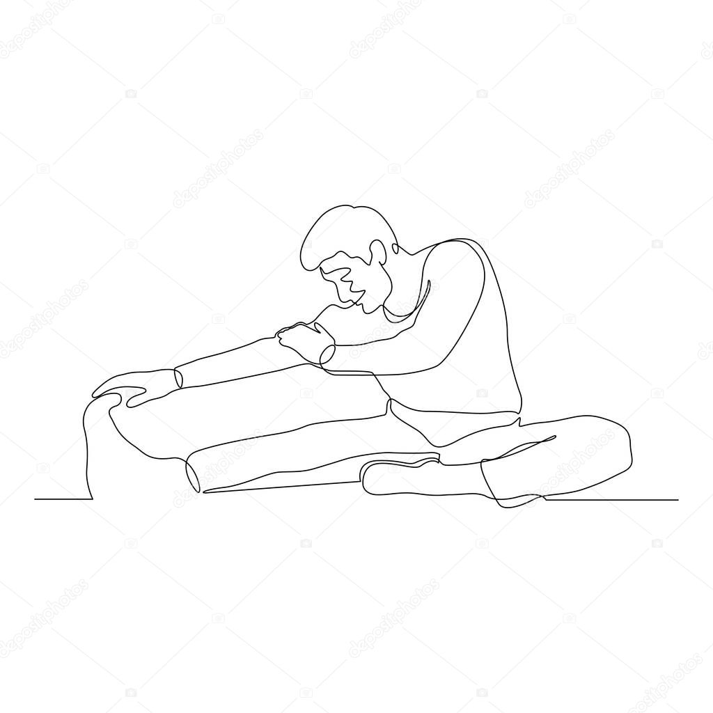 Continuous one line man doing stretching legs on the floor. Vector illustration.