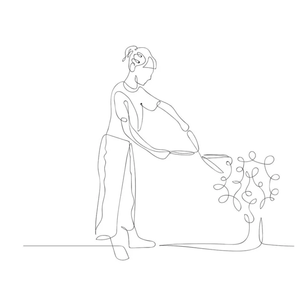 La mujer continua de una línea corta un arbusto con un cortador de cepillo. Tema de jardinería. Ilustración vectorial . — Archivo Imágenes Vectoriales