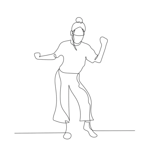 Continuous one line dancing woman with hair bun. Dance, party theme. Vector illustration. — ストックベクタ