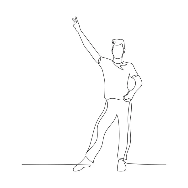 El bailarín masculino de una línea continua muestra un signo de paz. Ilustración vectorial . — Vector de stock