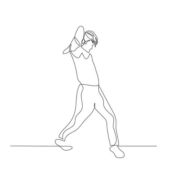 Hombre de baile continuo de una línea con peinado de moda en pose de baile creativo. Ilustración vectorial . — Vector de stock