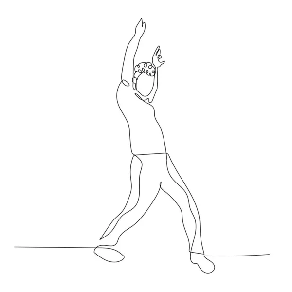 Kontinuerlig en linje dansande man med lockigt hår i händerna upp dansposerar. Vektorillustration. — Stock vektor
