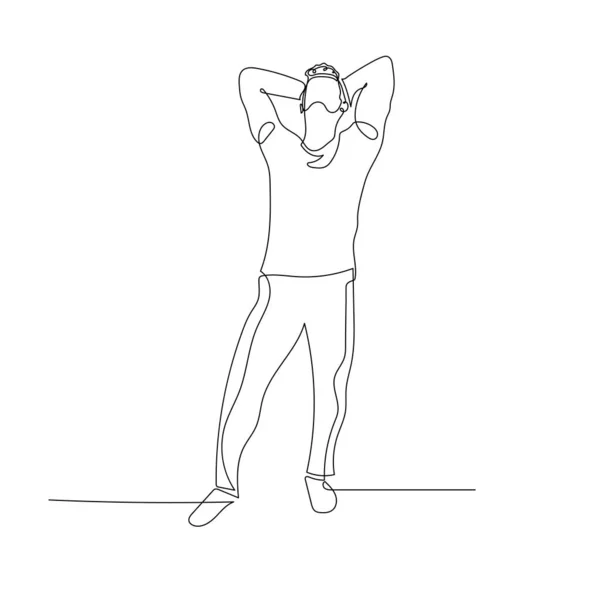 Nepřetržitý tančící muž vzhlédne a ruce za hlavu. Vektorová ilustrace. — Stockový vektor