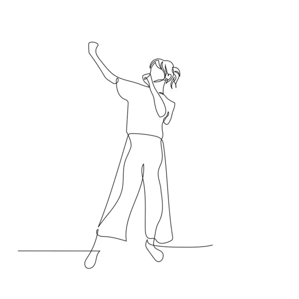 Fortlöpande en linje dansande kvinna med hästsvans. Vektorillustration. — Stock vektor