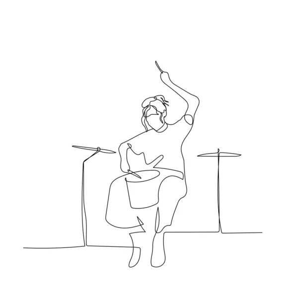 Continuous one line woman playing drums. Vector illustration. — Stock Vector