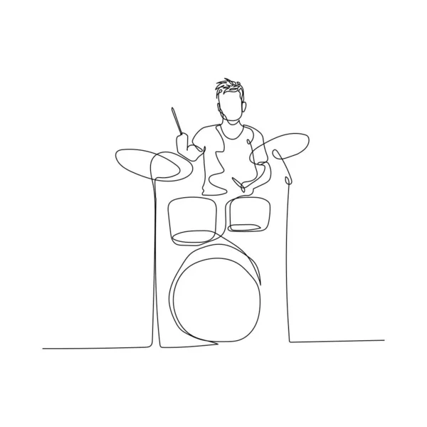 Un hombre de línea continua tocando la batería. Ilustración vectorial . — Vector de stock