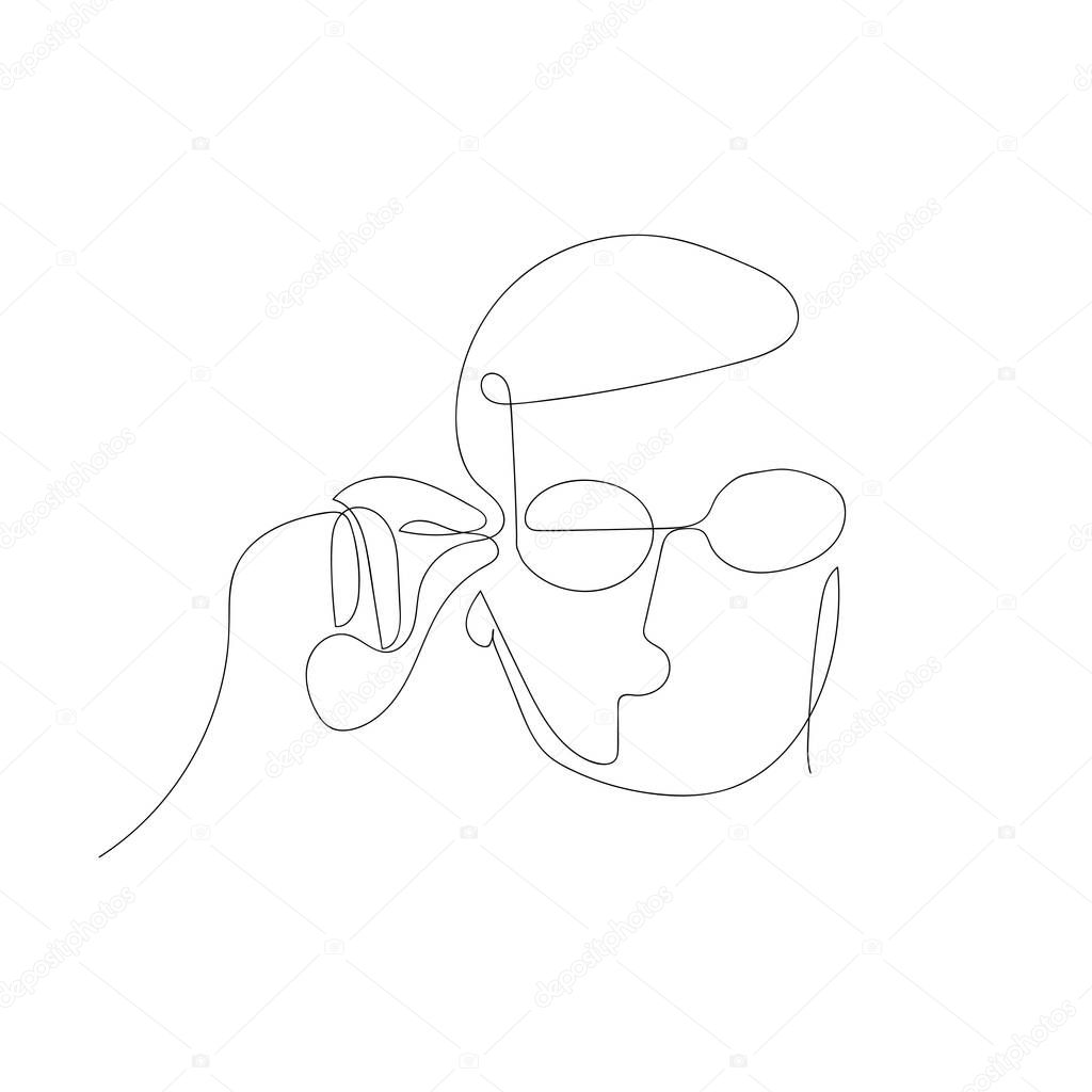 Continuous one line abstract man puts on glasses . Vector illustration.
