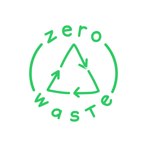 白い背景に緑のリサイクル記号が隔離された0廃棄物手書きのテキスト。エコラベル、緑の紋章。ベクターイラスト. — ストックベクタ