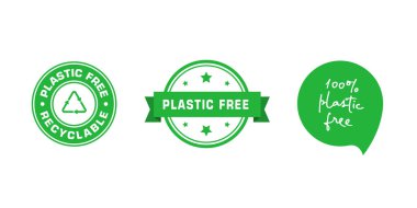 Plastiksiz yeşil amblemler. Çevre dostu tasarım elementleri. Vektör illüstrasyonu.