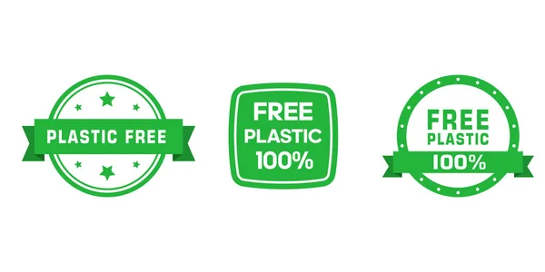 Set of plastic free green badges with ribbon. Eco friendly concept design elements. Vector illustration. — Stock Vector